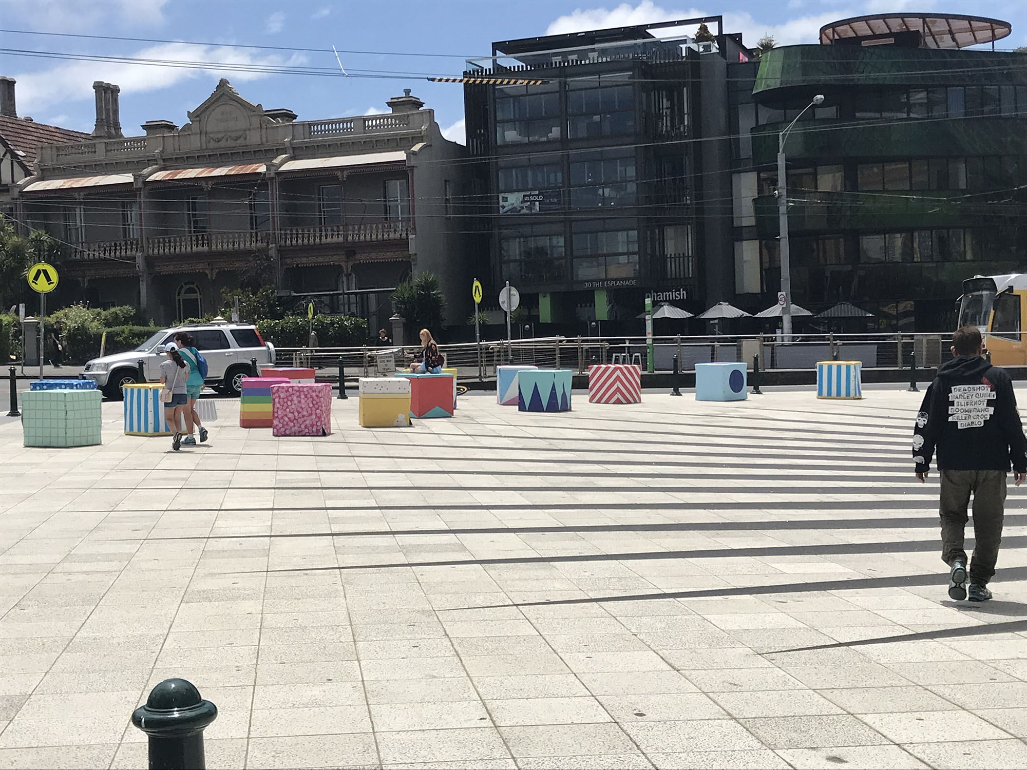 Colourful bollards temporary event bollards at Luna Park.